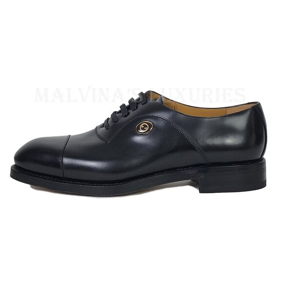 GUCCI SHOES MENS BLACK LEATHER INTERLOCKING G LOGO DERBY OXFORD sz 9 US 9.5 - Picture 5 of 15